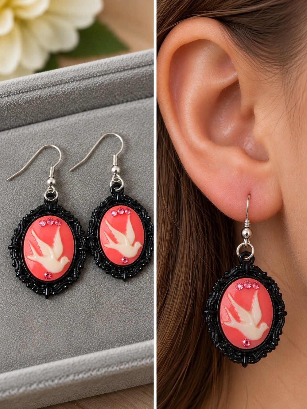 🖤 Vintage Black Cameo-Style Bird Earrings